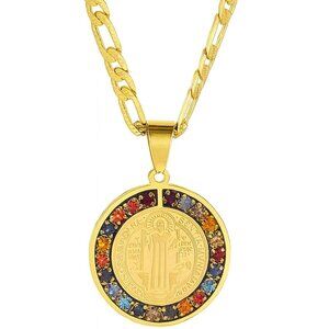 Unisex Colorful Crystal Saint Benedict Stainless Steel Medal Necklace